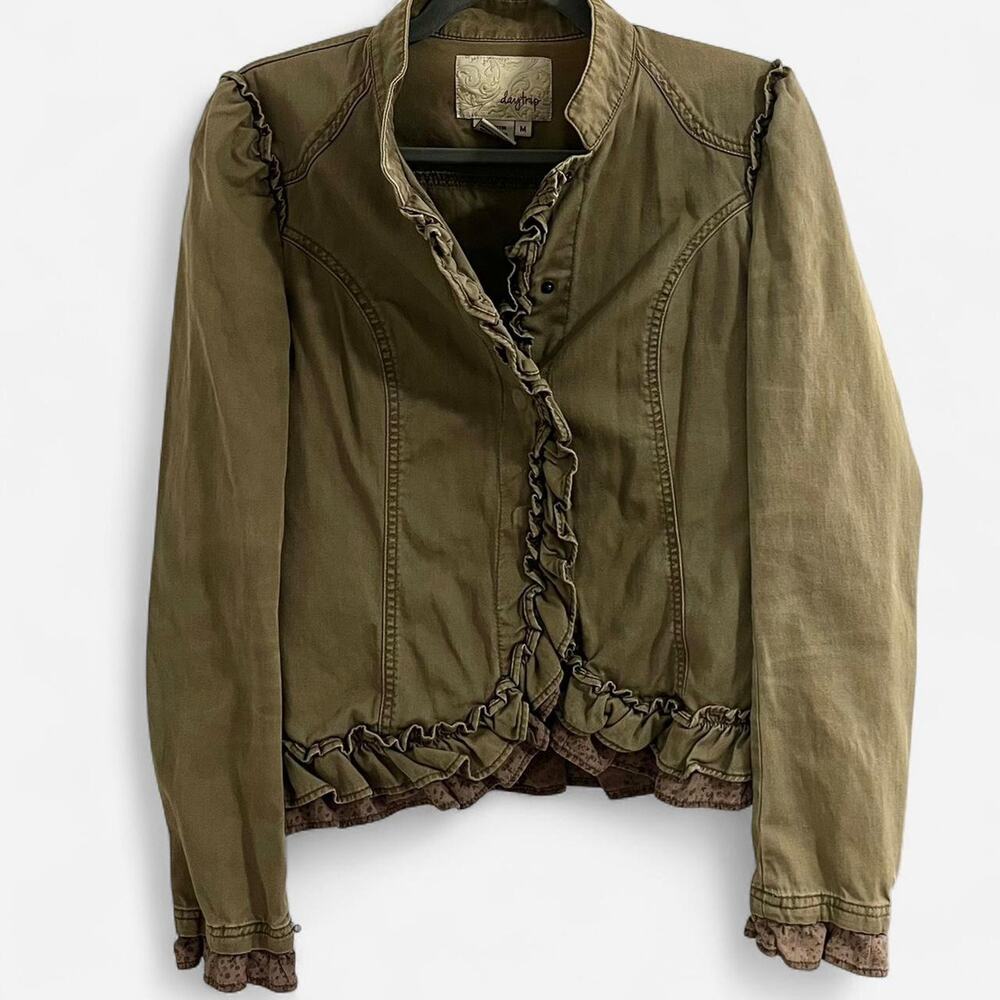 DAYTRIP Utility/Military Style Olive Green Jacket with Ruffle/Floral Trim